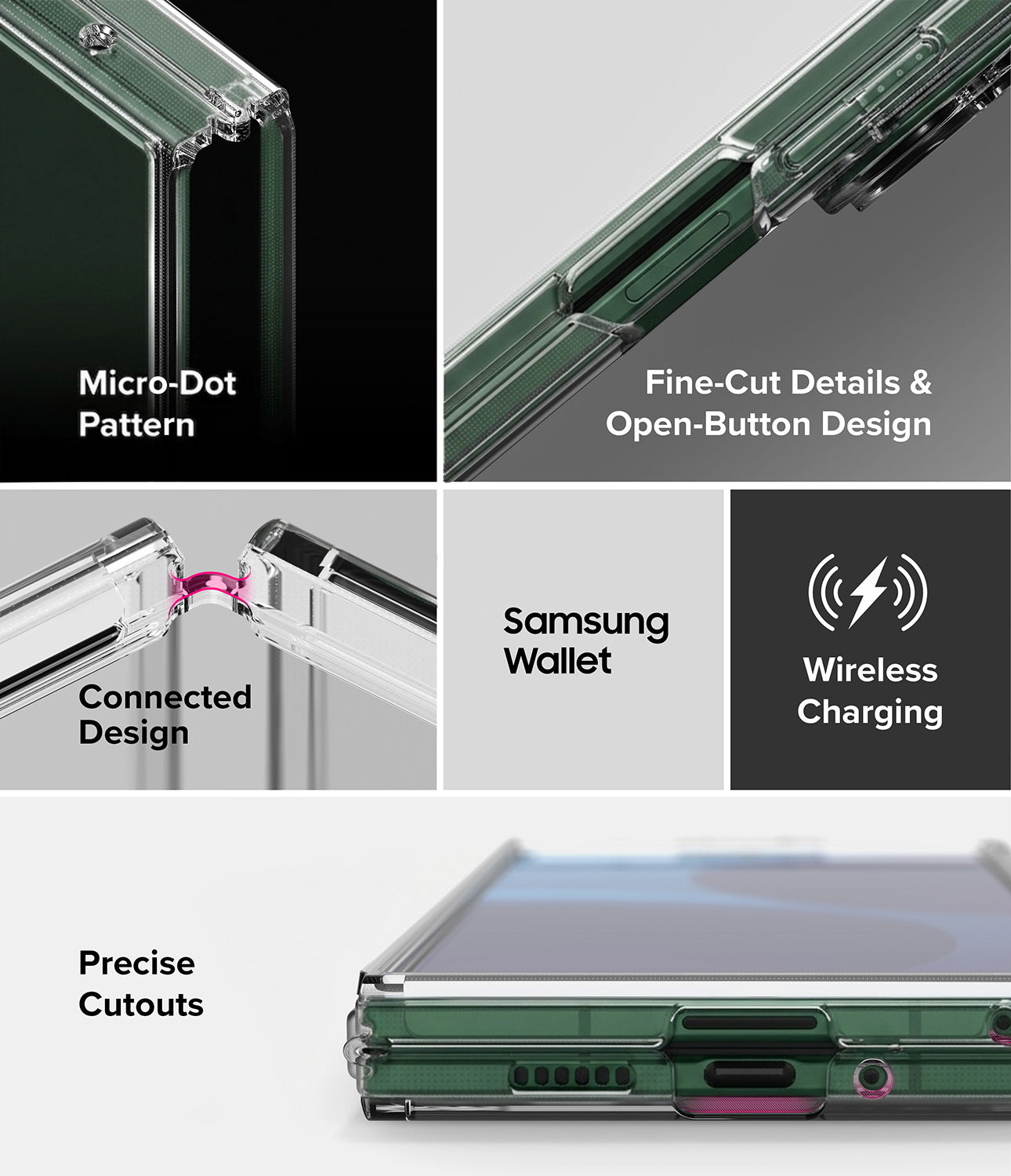 Galaxy Z Fold 8 Ultra Case | Fusion - A 5-panel promotional collage showing a green translucent protective phone case with features including a micro-dot pattern, fine-cut details, a connected design, wireless charging, and precise cutouts.