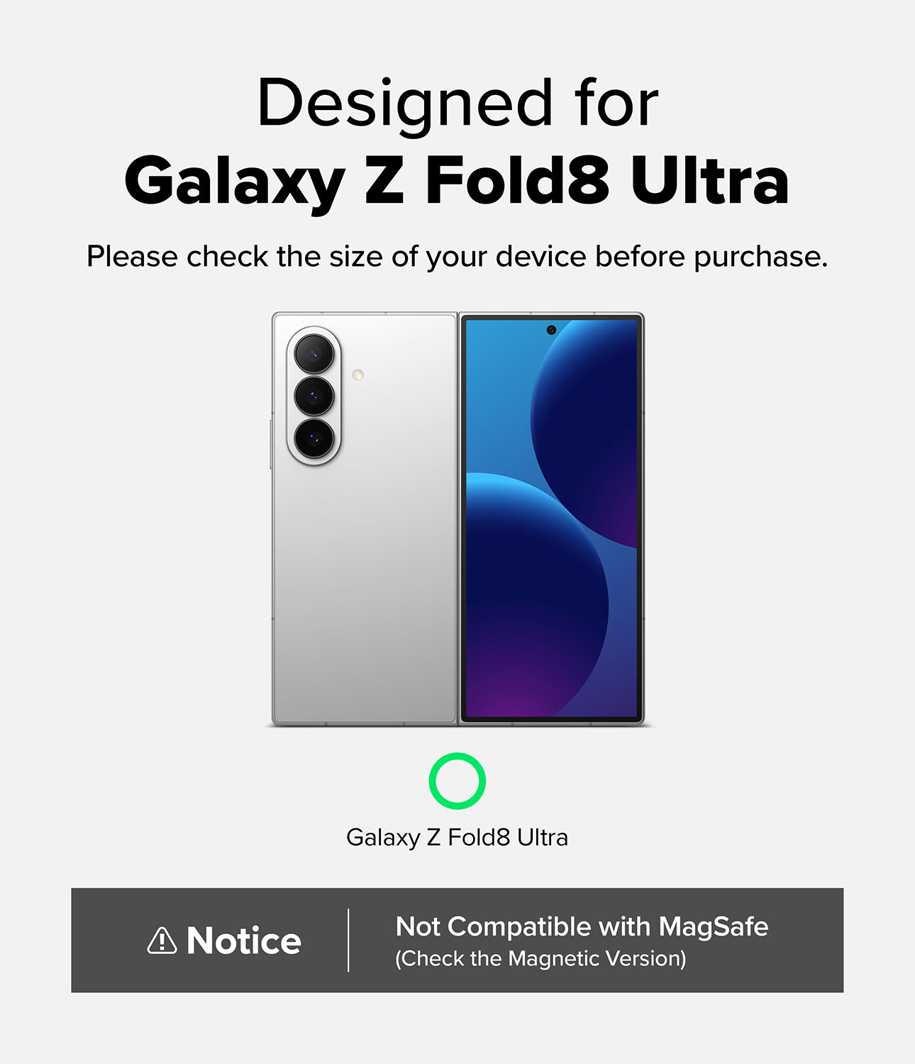 Galaxy Z Fold 8 Ultra Case | Fusion - Silver Galaxy Z Fold8 Ultra smartphone shown from back and front with text confirming device compatibility.