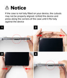 Galaxy Z Fold 8 Ultra Case | Fusion - Instruction diagram showing four steps for fitting a phone case onto a smartphone, with hands demonstrating the process and red arrows and dotted circles highlighting alignment and pressing areas.