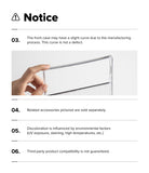 Galaxy Z Fold 8 Ultra Case | Fusion - A white notice sheet with black text and a small inset photo showing a hand holding a clear rectangular panel. The notice lists six points, including that the front case may have slight curvature from manufacturing and that related accessories are sold separately.