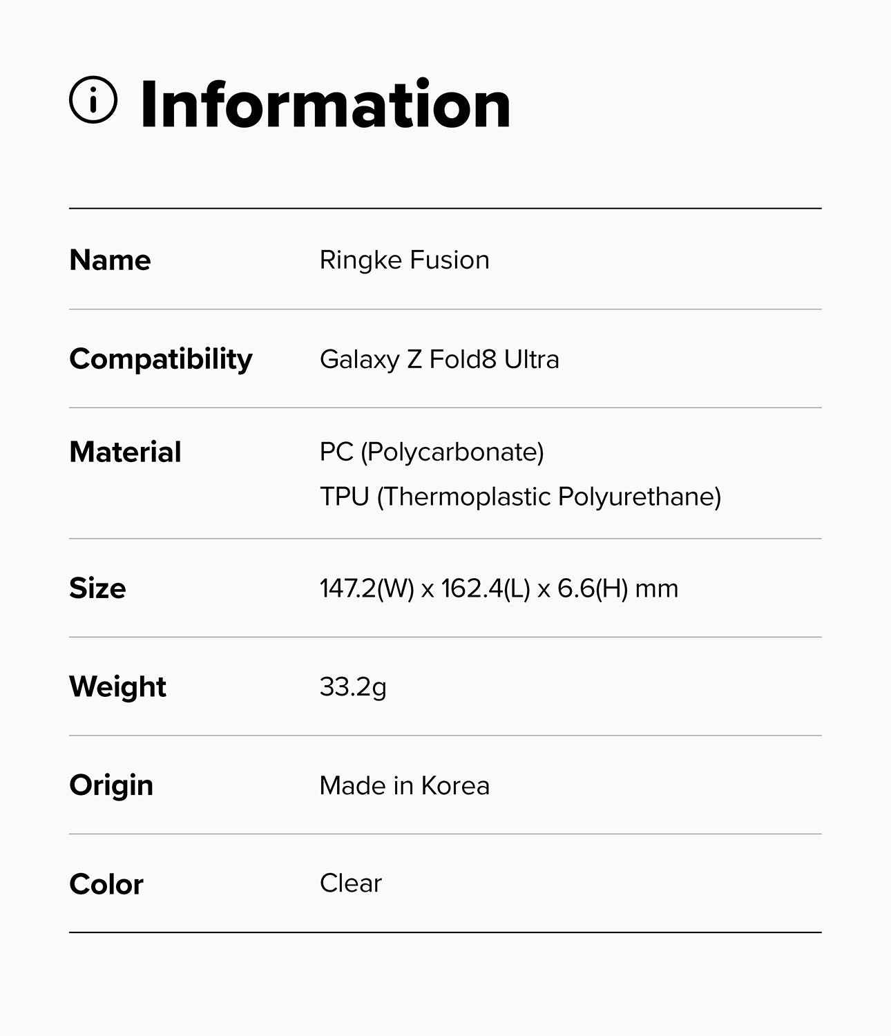 Galaxy Z Fold 8 Ultra Case | Fusion - A digital information card detailing the specifications of a Ringke Fusion case for the Galaxy Z Fold Ultra. The card lists the material as PC and TPU, the color as Clear, and the dimensions as 147.