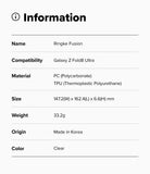 Galaxy Z Fold 8 Ultra Case | Fusion - A digital information card detailing the specifications of a Ringke Fusion case for the Galaxy Z Fold Ultra. The card lists the material as PC and TPU, the color as Clear, and the dimensions as 147.