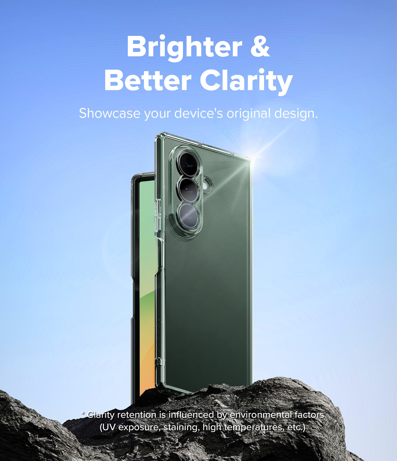 Galaxy Z Fold 8 Ultra Case | Fusion - A clear protective phone case shown on a dark green smartphone, standing upright on rocks against a bright blue sky. White text at the top reads 'Brighter & Better Clarity' with smaller supporting text below.