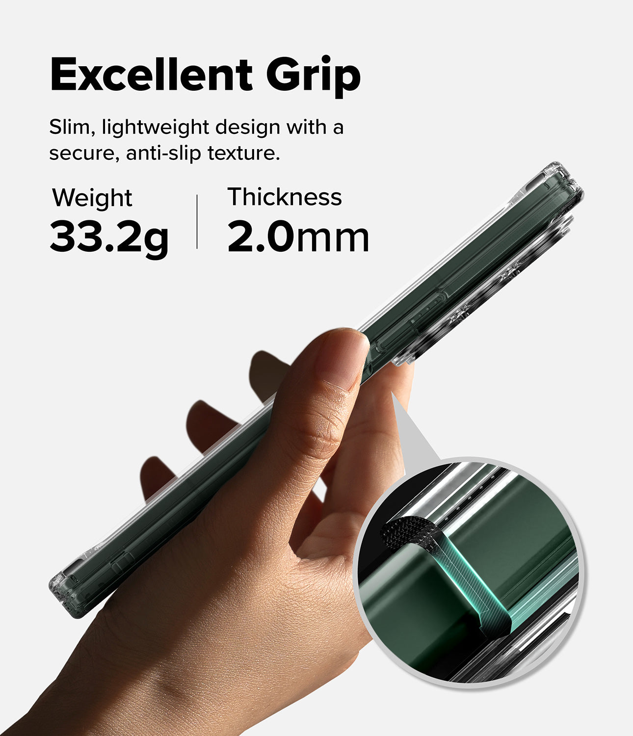 Galaxy Z Fold 8 Ultra Case | Fusion - A hand holds a slim dark green phone case against a light gray background, with text reading 'Excellent Grip' and 'Weight 33.2g | Thickness 2.