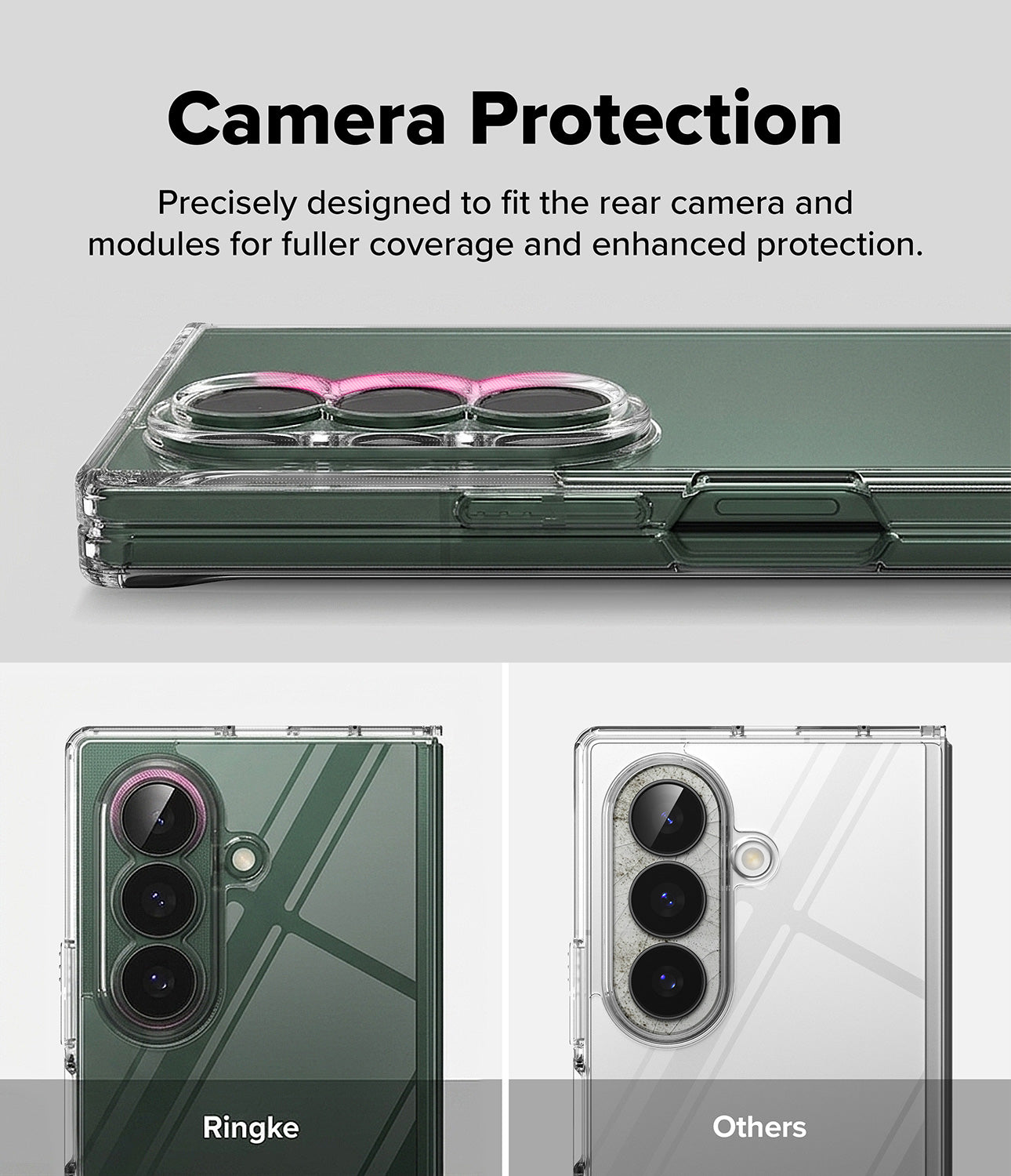 Galaxy Z Fold 8 Ultra Case | Fusion - A promotional graphic for a phone camera protection case. The top section shows a dark green phone case with a clear camera ring protector and pink ring accents, under the heading 'Camera Protection'.