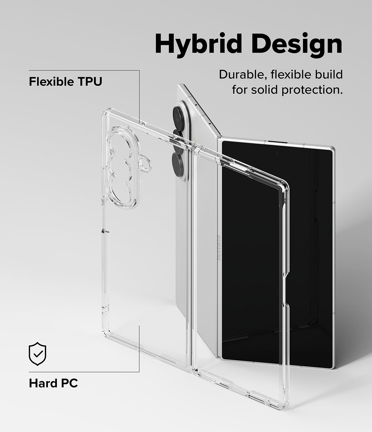 Galaxy Z Fold 8 Ultra Case | Fusion - Clear phone case showing flexible TPU and hard PC layers with hybrid design text.