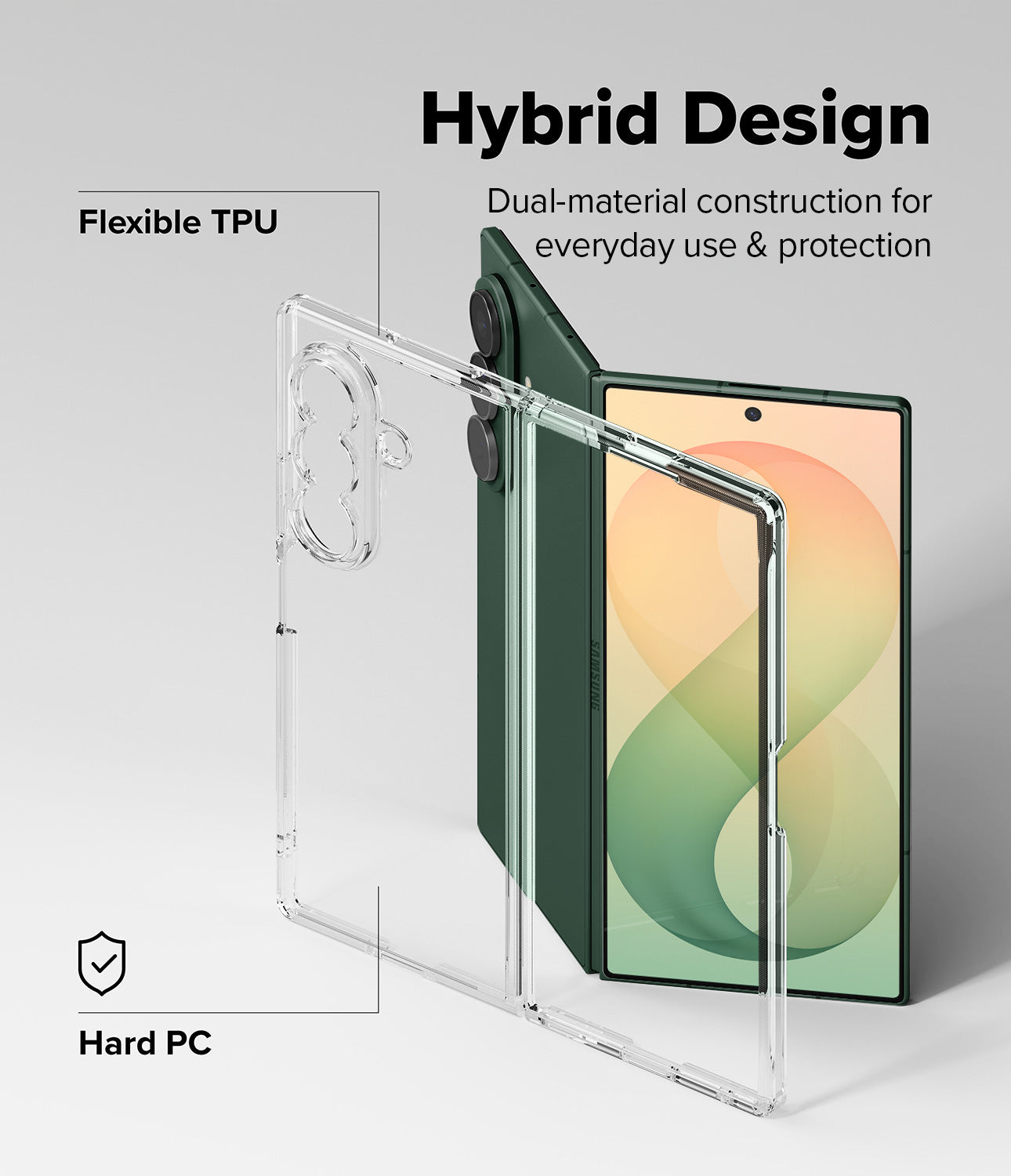 Galaxy Z Fold 8 Ultra Case | Fusion - Clear hybrid phone case with a green smartphone shown inside, labeled 'Hybrid Design' and 'Flexible TPU' and 'Hard PC' on a light gray background.