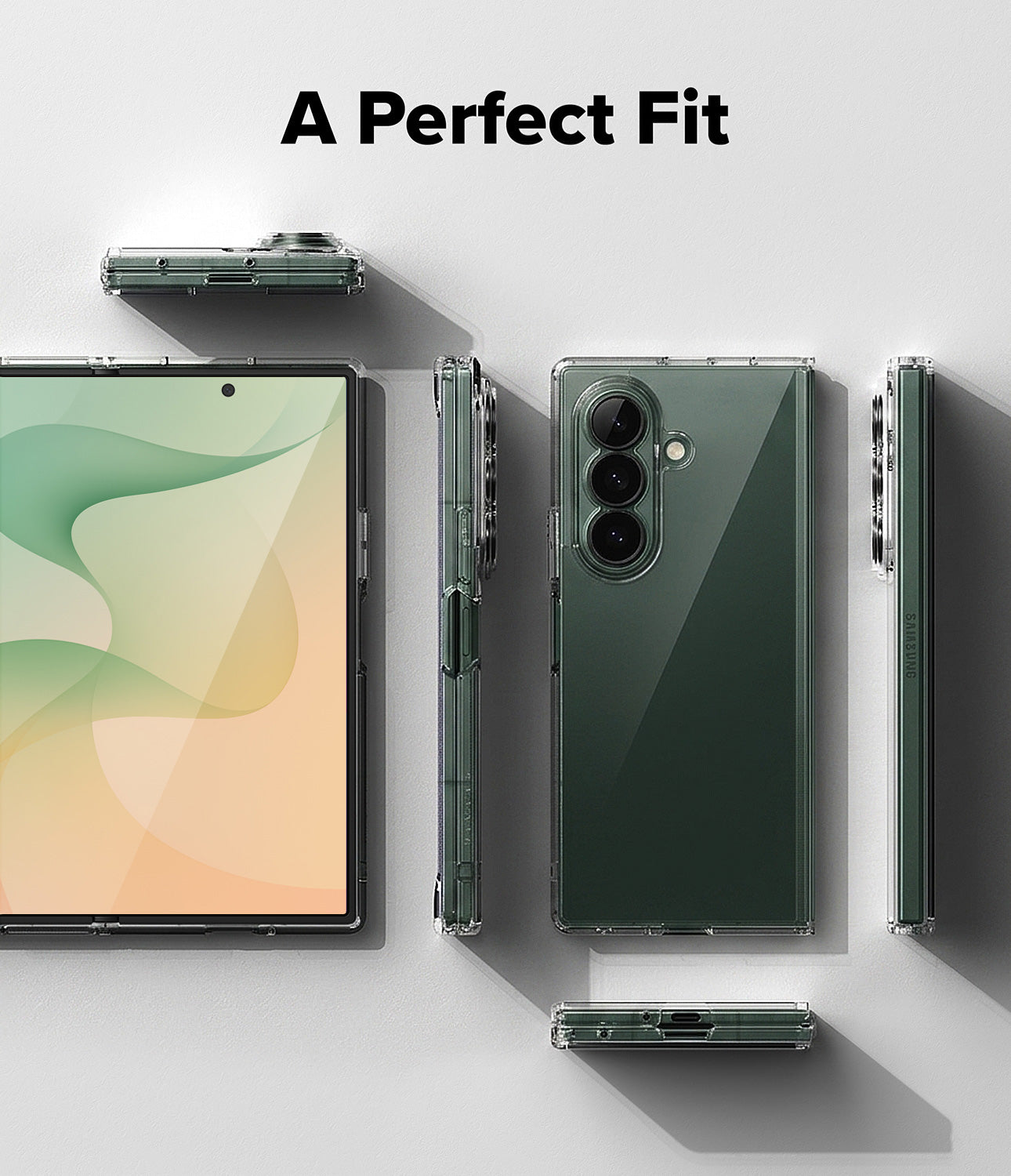 Galaxy Z Fold 8 Ultra Case | Fusion - A clear protective phone case shown on a smartphone from multiple angles, including front, side, and back views, with the text 'A Perfect Fit' at the top on a light gray background.