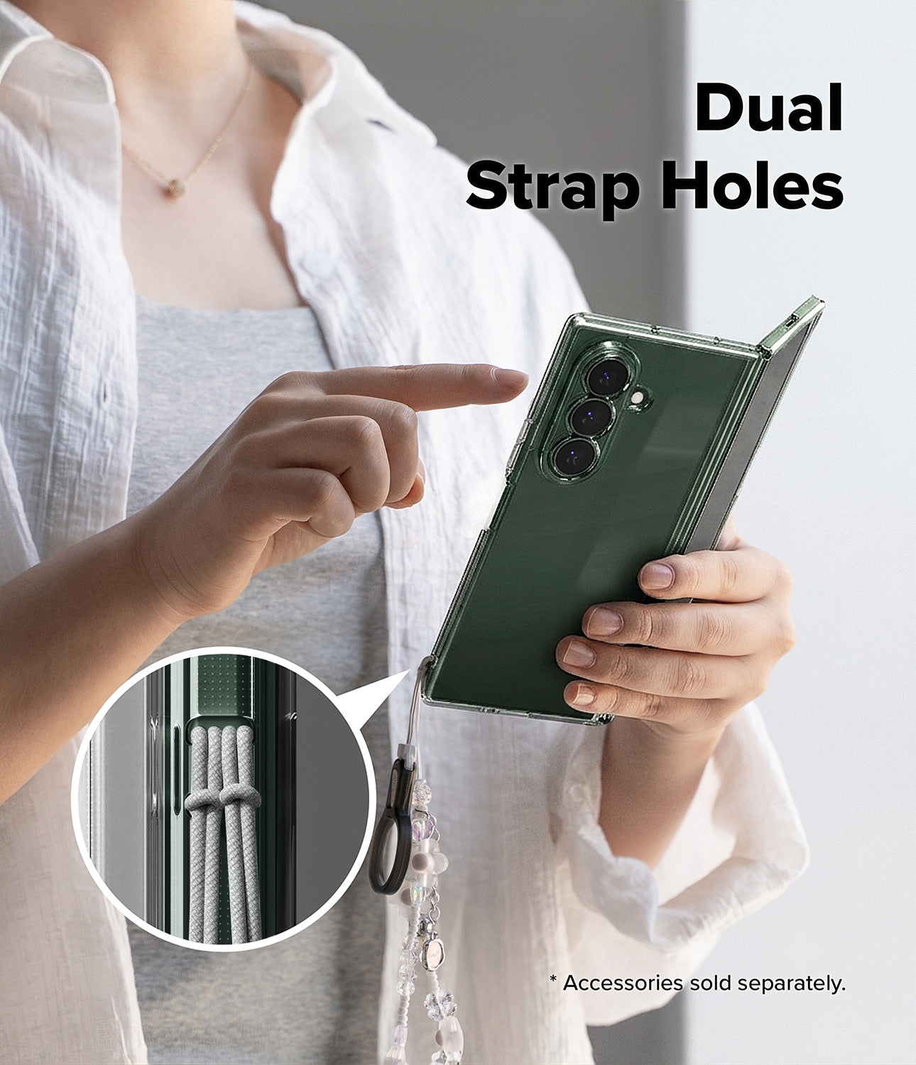 Galaxy Z Fold 8 Ultra Case | Fusion - A person holds a dark green foldable smartphone in one hand while pointing to a clear case with two looped straps on the other hand. Large text reads 'Dual Strap Holes,' and a circular inset shows a close-up of the rope loops inside the case.