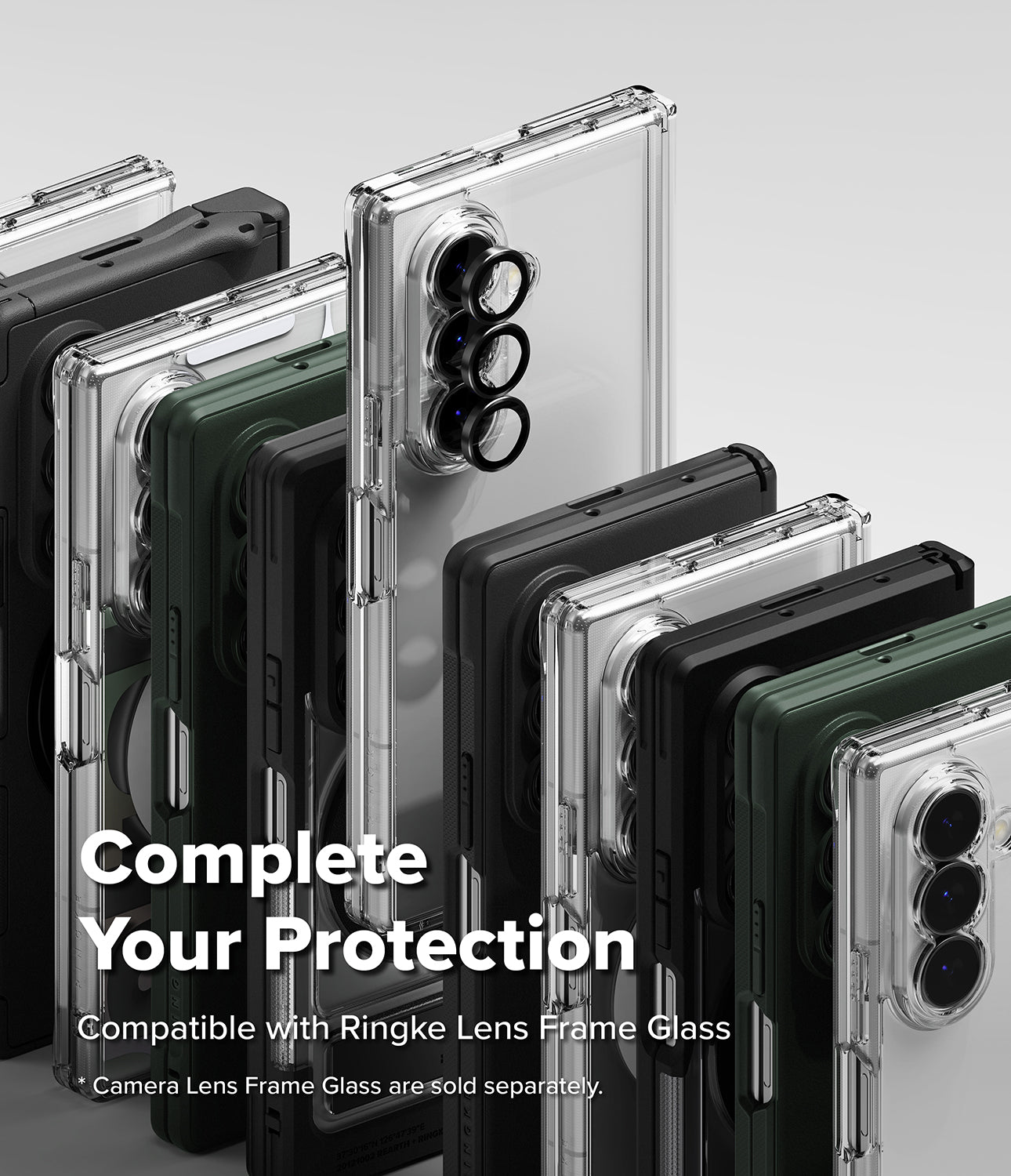 Galaxy Z Fold 8 Ultra Case | Fusion - A promotional product shot showing multiple smartphone cases arranged in a fan-like layout on a light gray background. The cases appear transparent, black, and dark green, with large camera cutouts visible on the phone backs.