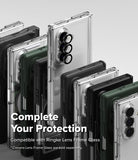 Galaxy Z Fold 8 Ultra Case | Fusion - A promotional product shot showing multiple smartphone cases arranged in a fan-like layout on a light gray background. The cases appear transparent, black, and dark green, with large camera cutouts visible on the phone backs.