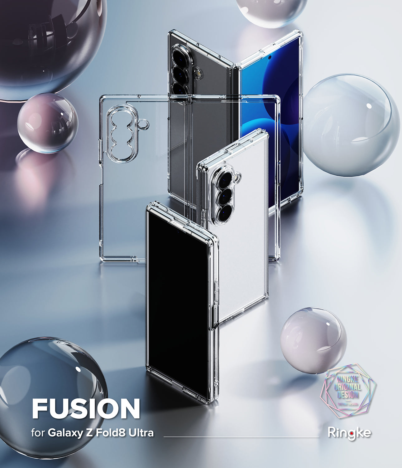 Galaxy Z Fold 8 Ultra Case | Fusion - Transparent protective case for a Samsung Galaxy Z Fold 8 Ultra smartphone, shown in multiple angles with the phone inside. The image features a clean, stylized studio setup with floating glass spheres on a light blue-gray reflective surface.