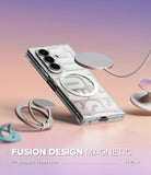 Galaxy Z Fold 8 Ultra Case | Fusion Design Magnetic - A clear magnetic phone case with a silver metallic circular ring and geometric design, shown floating on a pink-to-purple gradient background with floating magnetic accessories and text reading 'FUSION DESIGN MAGNETIC for Galaxy Z Fold8 Ultra Ringke'.