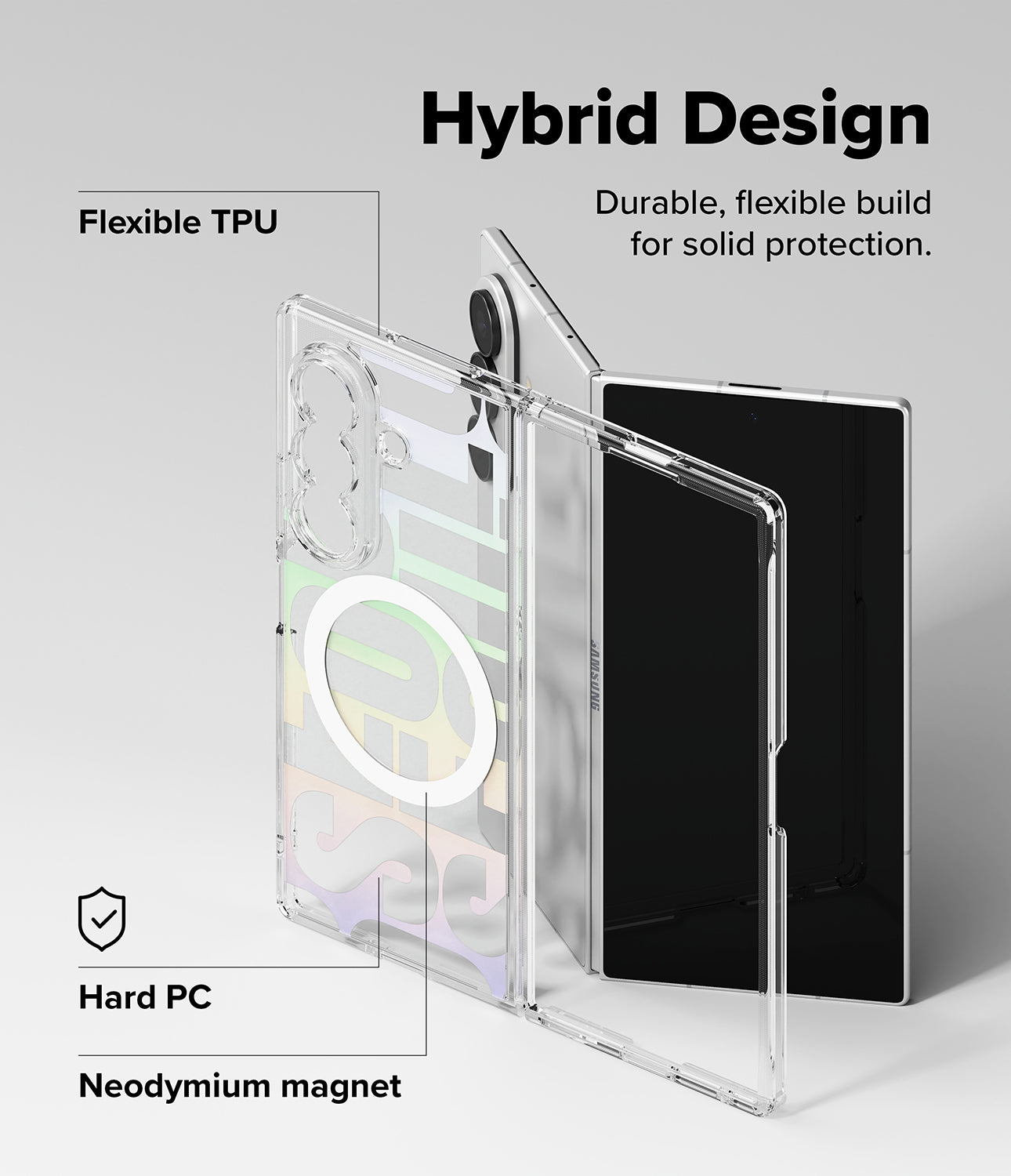 Galaxy Z Fold 8 Ultra Case | Fusion Design Magnetic - Transparent hybrid phone case shown open and closed on a light gray background, with text callouts reading 'Hybrid Design,' 'Flexible TPU,' 'Hard PC,' and 'Neodymium magnet.'.