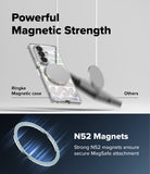 Galaxy Z Fold 8 Ultra Case | Fusion Design Magnetic - Promotional graphic for a transparent magnetic phone case with a circular MagSafe ring. The top half shows the case on a phone with a blurred comparison of a standard magnetic case, labeled 'Powerful Magnetic Strength' and 'Ringke Magnetic case' vs 'Others'.