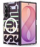 Galaxy Z Fold 8 Ultra Case | Fusion Design Magnetic - A clear protective phone case with a bold graphic design featuring black typography and a white circular magnetic ring, shown on a smartphone with its screen on.