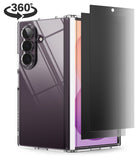 [Bundle] Galaxy Z Fold 8 Ultra | Fusion Flap + 360° Privacy - A clear protective case for a foldable smartphone shown open, with a black screen protector partially covering the front display. The phone back is dark purple with a glossy finish and a triple-camera cutout.