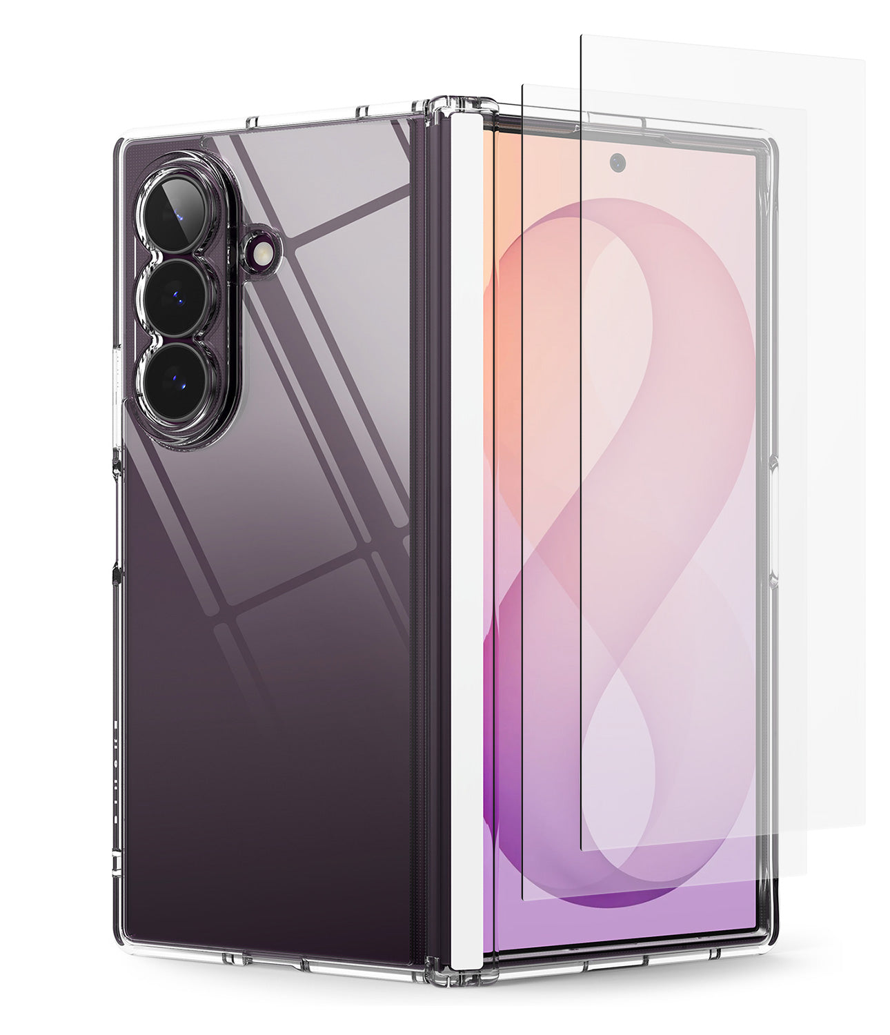 [Bundle] Galaxy Z Fold 8 Ultra | Fusion Flap + Screen Protectors (2P) - A clear protective screen protector shown partially peeled off from a dark purple foldable smartphone, displayed on a clean white background.