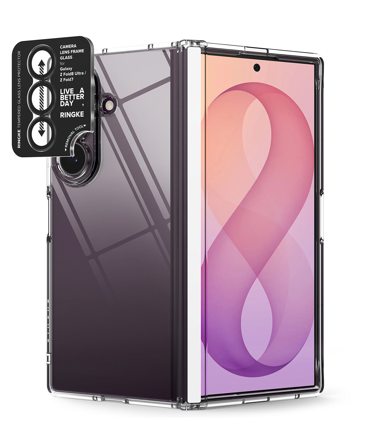 [Bundle] Galaxy Z Fold 8 Ultra | Fusion Flap + Camera Protectors (2P) - A transparent protective case for a foldable smartphone, shown partially installed on a closed device. The case is clear and allows the dark reflective back panel of the phone to show through, with a black camera lens protector sticker labeled Ringke on the upper left.