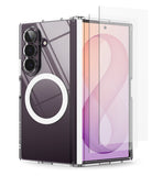 [Bundle] Galaxy Z Fold 8 Ultra | Fusion Flap Magnetic + Screen Protector (2P) - A clear protective case for a foldable smartphone, shown with a phone inside and a transparent screen protector leaning against the front. The phone back is dark purple with a large circular MagSafe ring, and the screen displays a pink and purple abstract wallpaper.
