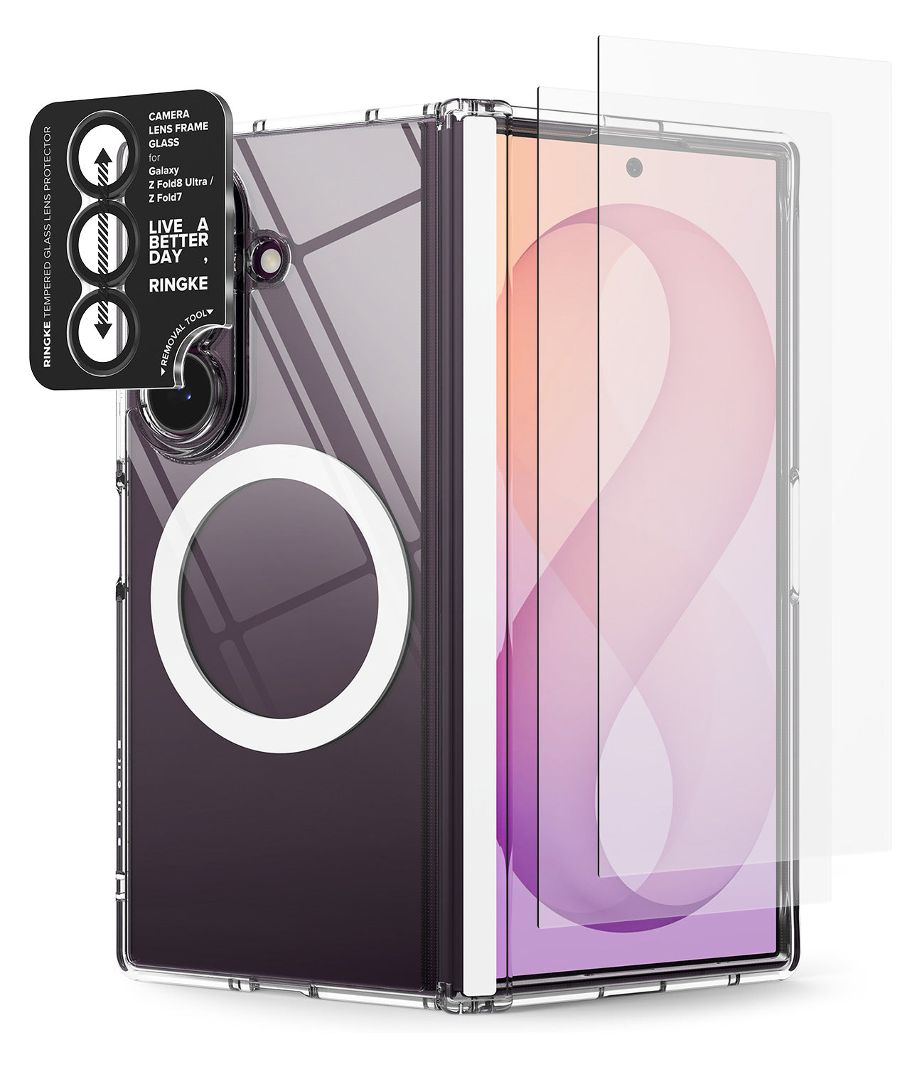 [Bundle] Galaxy Z Fold 8 Ultra | Fusion Flap Magnetic + Screen / Camera Protectors (2P) - A clear protective phone case with a built-in MagSafe ring and camera lens protector, shown on a smartphone with a transparent screen protector overlay, against a white background.