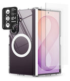 [Bundle] Galaxy Z Fold 8 Ultra | Fusion Flap Magnetic + Screen / Camera Protectors (2P) - A clear protective phone case with a built-in MagSafe ring and camera lens protector, shown on a smartphone with a transparent screen protector overlay, against a white background.