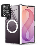 [Bundle] Galaxy Z Fold 8 Ultra | Fusion Flap Magnetic + Camera Protector (2P) - A transparent protective case for a foldable smartphone, shown with a black camera lens protector sticker applied to the rear camera module. The phone inside displays a pink and purple abstract wallpaper.