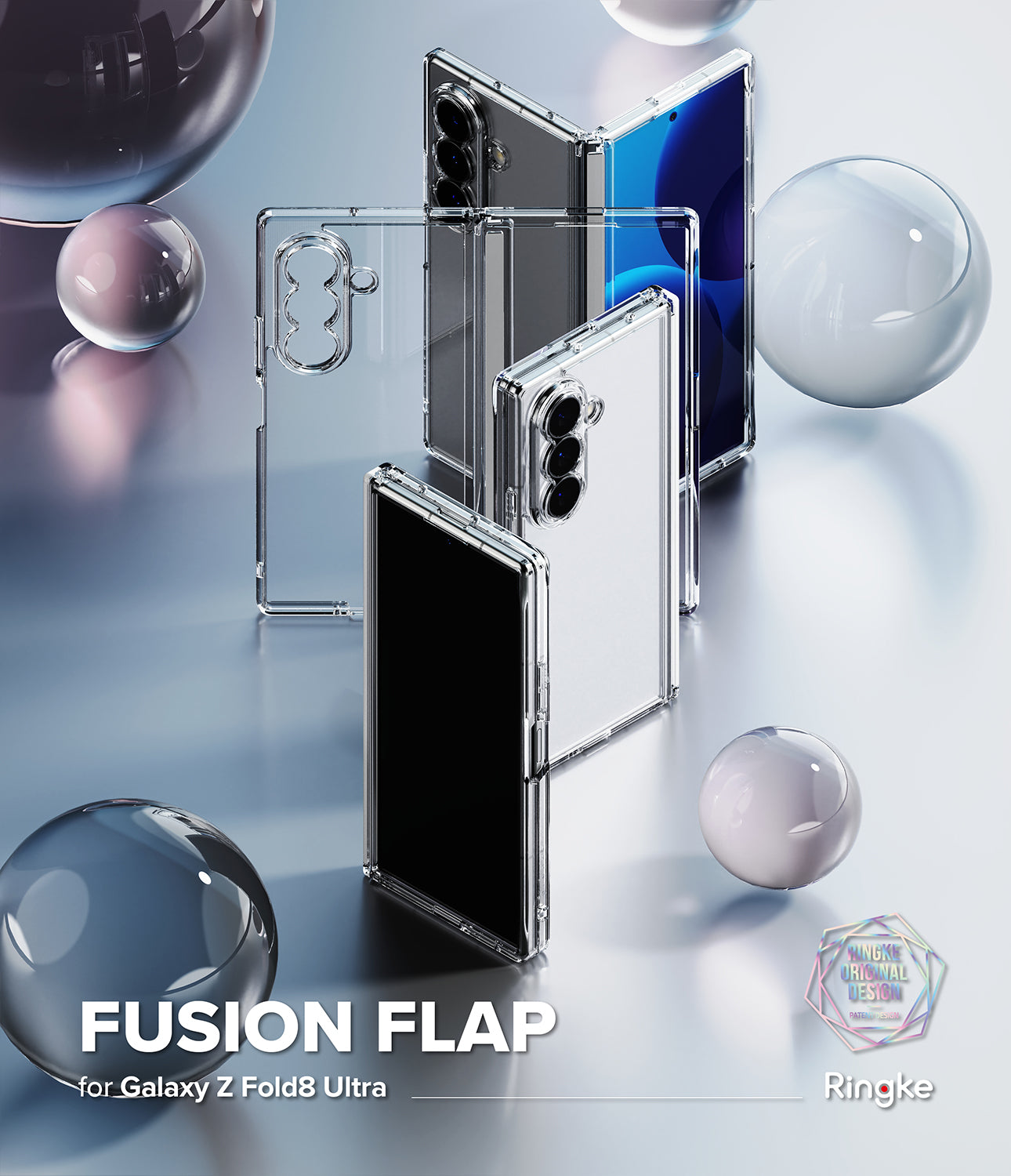 Galaxy Z Fold 8 Ultra Case | Fusion Flap - Transparent clear phone case for Samsung Galaxy Z Fold 8 Ultra, shown in multiple angles with folded and unfolded phones, surrounded by reflective glass spheres on a light blue background. Text at the bottom reads 'FUSION FLAP for Galaxy Z Fold8 Ultra' with the Ringke logo.