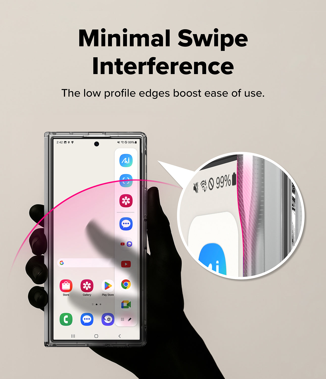 Galaxy Z Fold 8 Ultra Case | Fusion Flap - A hand holds a smartphone showing a clear, low-profile protective bumper edge. The image includes text reading 'Minimal Swipe Interference' and a circular inset highlighting the slim pink edge of the bumper against the phone frame.