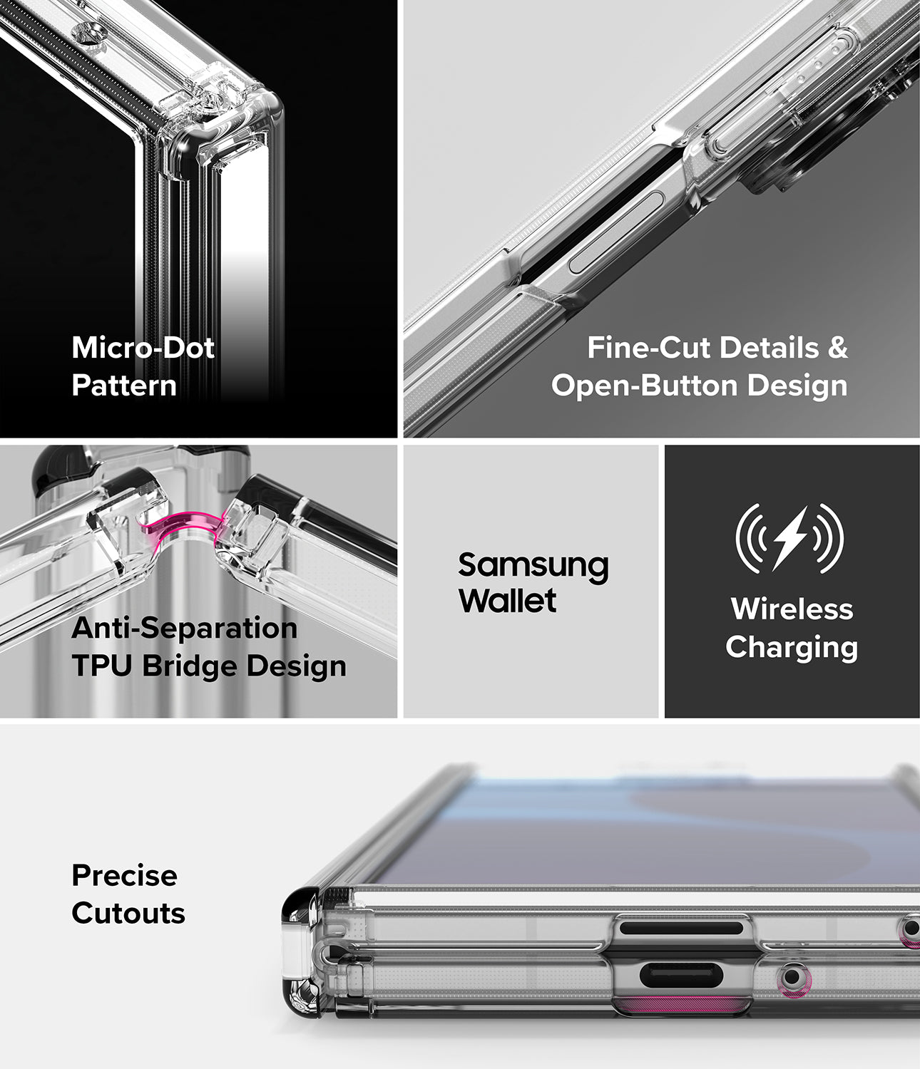 Galaxy Z Fold 8 Ultra Case | Fusion Flap - A 4-panel feature collage for a transparent phone case. The top-left panel shows the case corner with a black background and text reading 'Micro-Dot Pattern.