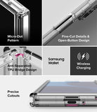 Galaxy Z Fold 8 Ultra Case | Fusion Flap - A 4-panel feature collage for a transparent phone case. The top-left panel shows the case corner with a black background and text reading 'Micro-Dot Pattern.