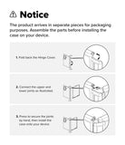 Galaxy Z Fold 8 Ultra Case | Fusion Flap - Instruction diagram showing three steps to assemble packaging parts for a door hinge cover, with numbered text and line drawings on a white background.