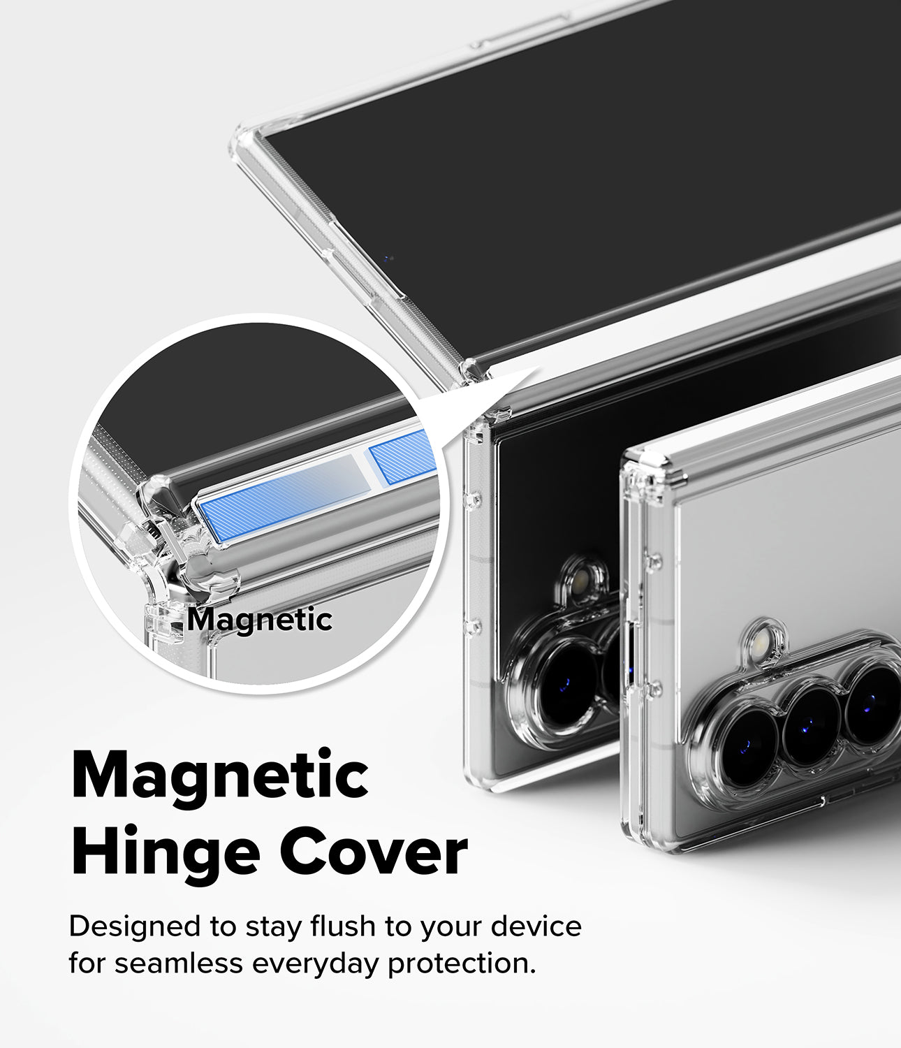 Galaxy Z Fold 8 Ultra Case | Fusion Flap - Transparent magnetic hinge phone case shown on a smartphone, with a circular inset highlighting the magnetic strip and text reading 'Magnetic Hinge Cover' on a light gray background.
