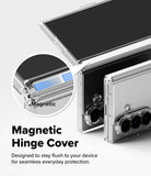 Galaxy Z Fold 8 Ultra Case | Fusion Flap - Transparent magnetic hinge phone case shown on a smartphone, with a circular inset highlighting the magnetic strip and text reading 'Magnetic Hinge Cover' on a light gray background.