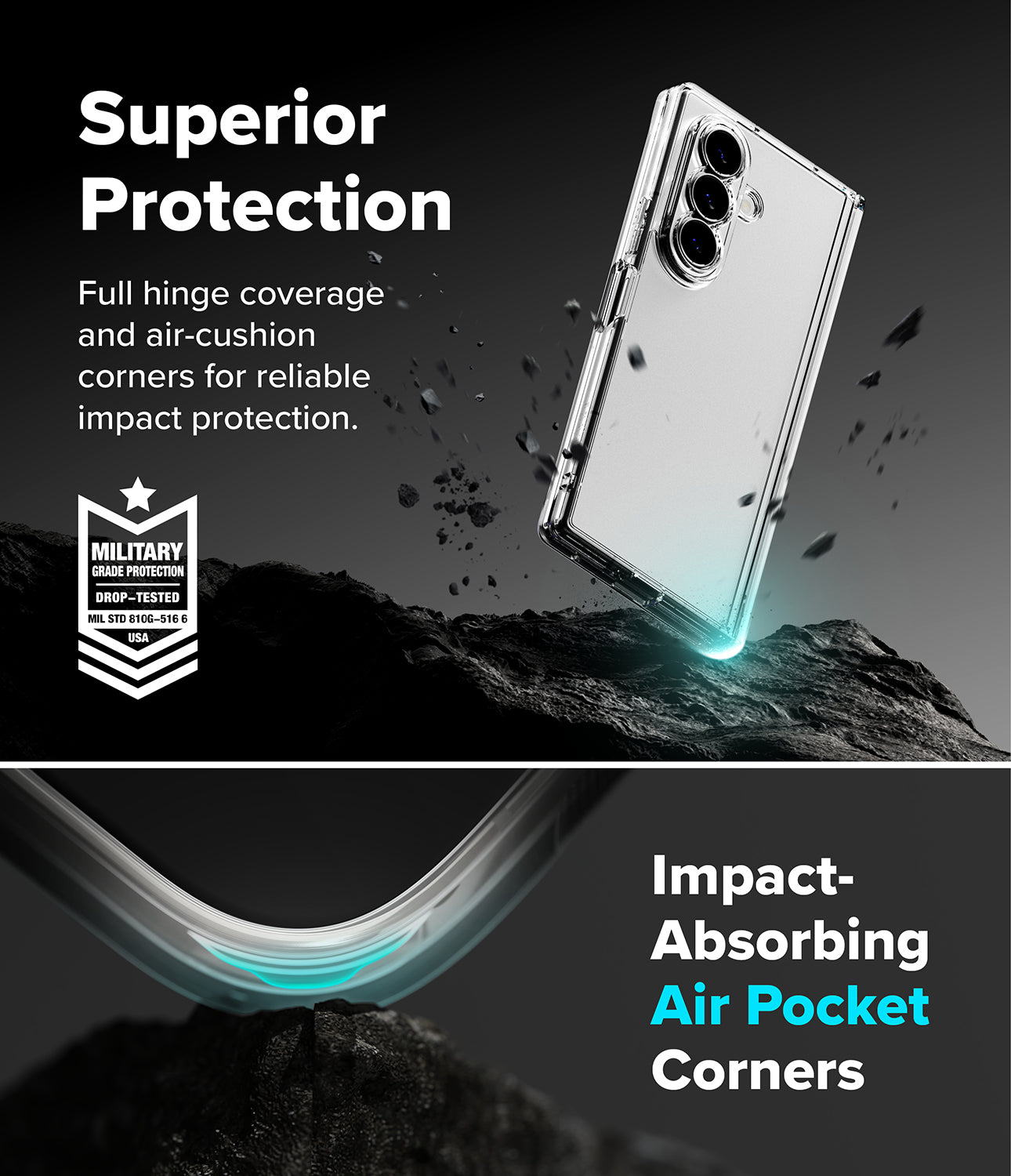 Galaxy Z Fold 8 Ultra Case | Fusion Flap - A clear protective phone case shown floating above dark rocks in a dramatic promotional graphic. Text reads 'Superior Protection' and 'Impact-Absorbing Air Pocket Corners,' with a military-style badge on the left and a close-up of the curved transparent corner material below.