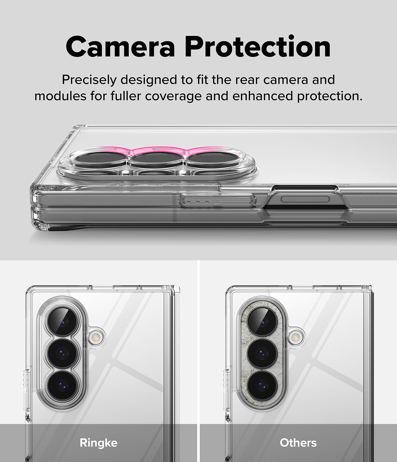 Galaxy Z Fold 8 Ultra Case | Fusion Flap - Clear phone case with a raised camera bumper shown on a smartphone, with text reading 'Camera Protection' and two smaller comparison views labeled Ringke and Others.