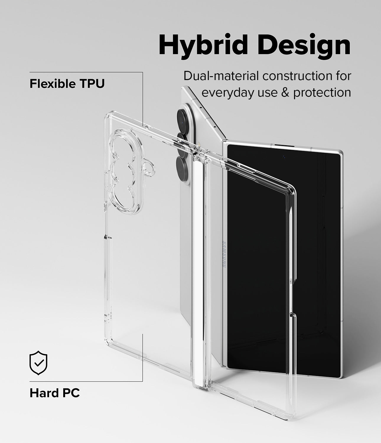 Galaxy Z Fold 8 Ultra Case | Fusion Flap - Transparent hybrid phone case shown with a smartphone, labeled 'Hybrid Design' and 'Flexible TPU Hard PC,' on a clean light gray background.
