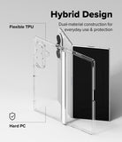 Galaxy Z Fold 8 Ultra Case | Fusion Flap - Transparent hybrid phone case shown with a smartphone, labeled 'Hybrid Design' and 'Flexible TPU Hard PC,' on a clean light gray background.