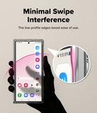 Galaxy Z Fold 8 Ultra Case | Fusion Flap Magnetic - A hand holds a smartphone showing a clear, low-profile protective bumper edge. The image includes text reading 'Minimal Swipe Interference' and a circular inset highlighting the slim pink edge of the bumper against the phone frame.