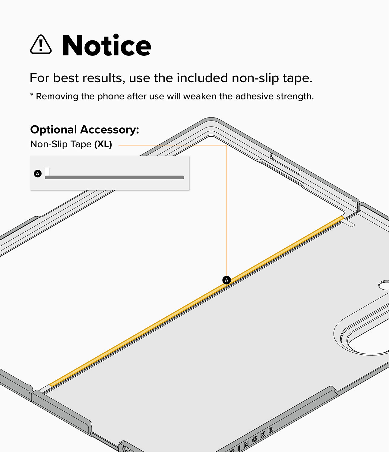 Galaxy Z Fold 8 Ultra Case | Fusion Flap Magnetic - Instruction graphic showing a phone case with a highlighted non-slip tape strip and text noting that the included non-slip tape should be used for best results, plus an inset showing the optional non-slip tape size.
