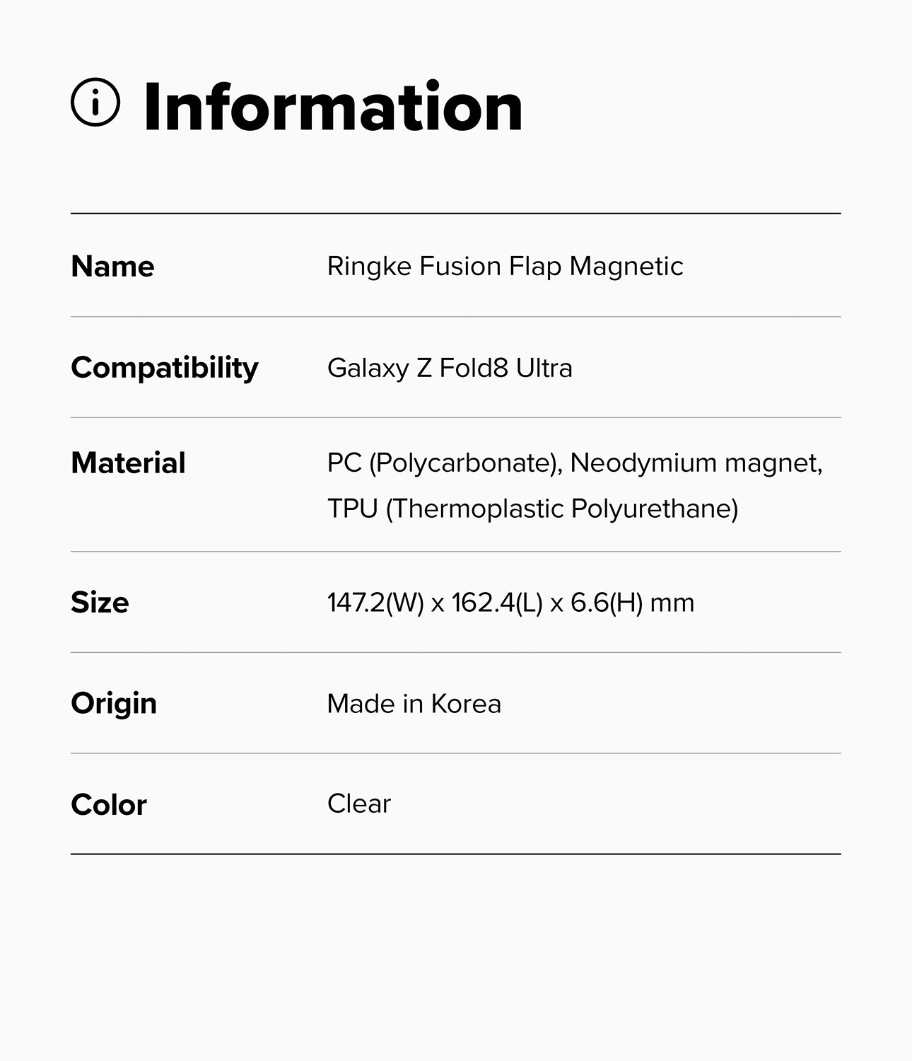 Galaxy Z Fold 8 Ultra Case | Fusion Flap Magnetic - An information card with a light gray background and black text listing details for a Ringke Fusion Flap Magnetic compatible with Galaxy Z Fold8 Ultra, including material, size, and color.