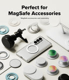 Galaxy Z Fold 8 Ultra Case | Fusion Flap Magnetic - A promotional layout showing a smartphone with MagSafe-style ring attachments, surrounded by various magnetic accessories including a black air vent mount, white ring clips, a white stand, and several pop-swap grips in white, black, green, purple, and iridescent colors. Text at the top reads, 'Perfect for MagSafe Accessories' with smaller text noting MagSafe accessories are sold separately.