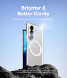 Galaxy Z Fold 8 Ultra Case | Fusion Flap Magnetic - A clear MagSafe-compatible phone case shown on a smartphone, standing upright on dark rocks against a blue sky background. White text at the top reads 'Brighter & Better Clarity' with smaller supporting text below.