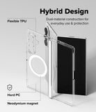 Galaxy Z Fold 8 Ultra Case | Fusion Flap Magnetic - Transparent phone case with a built-in circular magnetic ring and hard PC bumper, shown with a smartphone inside on a light gray background. Text labels highlight 'Hybrid Design', 'Flexible TPU', 'Hard PC', and 'Neodymium magnet'.