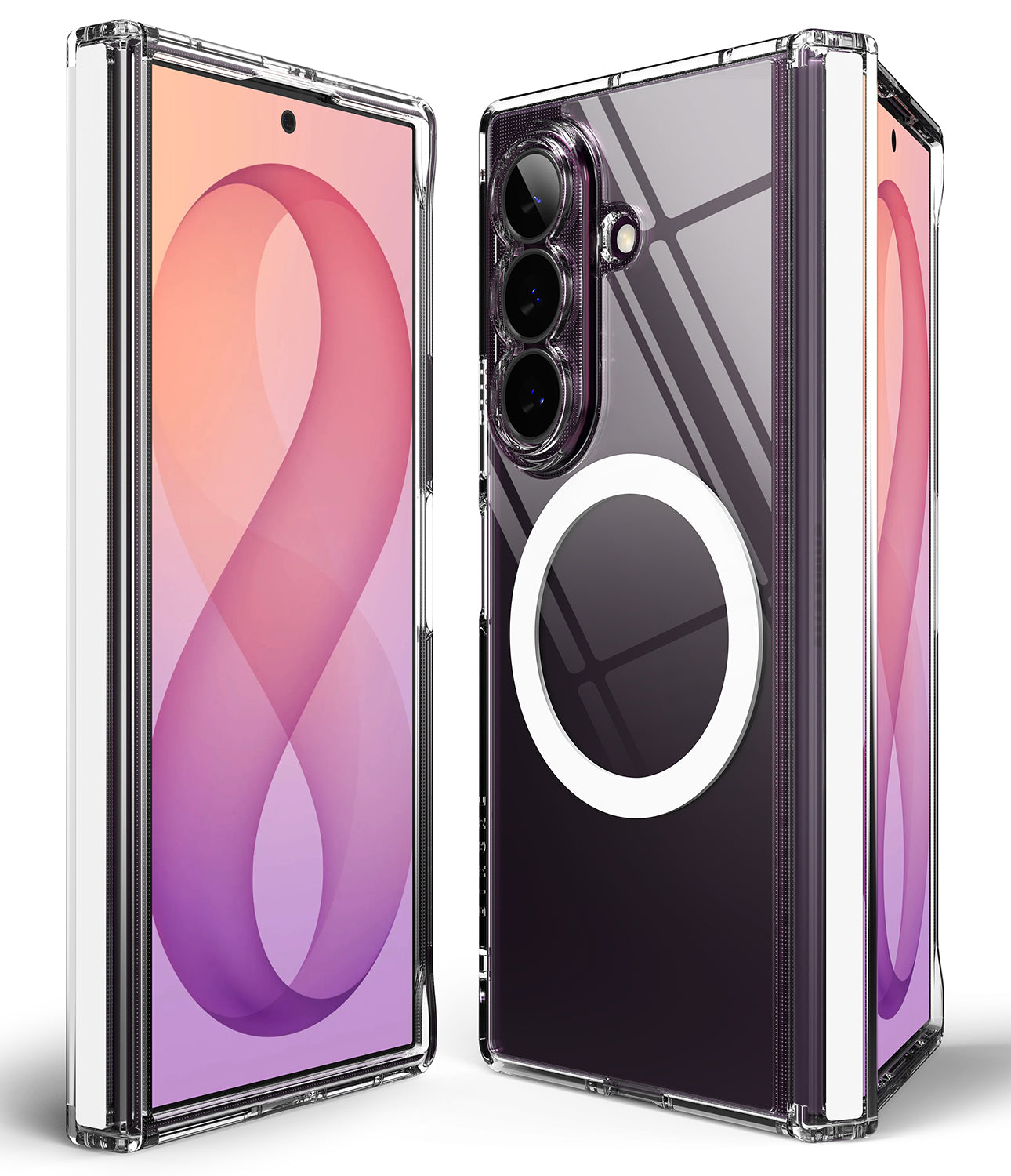Galaxy Z Fold 8 Ultra Case | Fusion Flap Magnetic - Transparent protective phone case shown on a foldable smartphone from front, back, and side angles, featuring a circular MagSafe-style ring on the back.