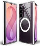Galaxy Z Fold 8 Ultra Case | Fusion Flap Magnetic - Transparent protective phone case shown on a foldable smartphone from front, back, and side angles, featuring a circular MagSafe-style ring on the back.
