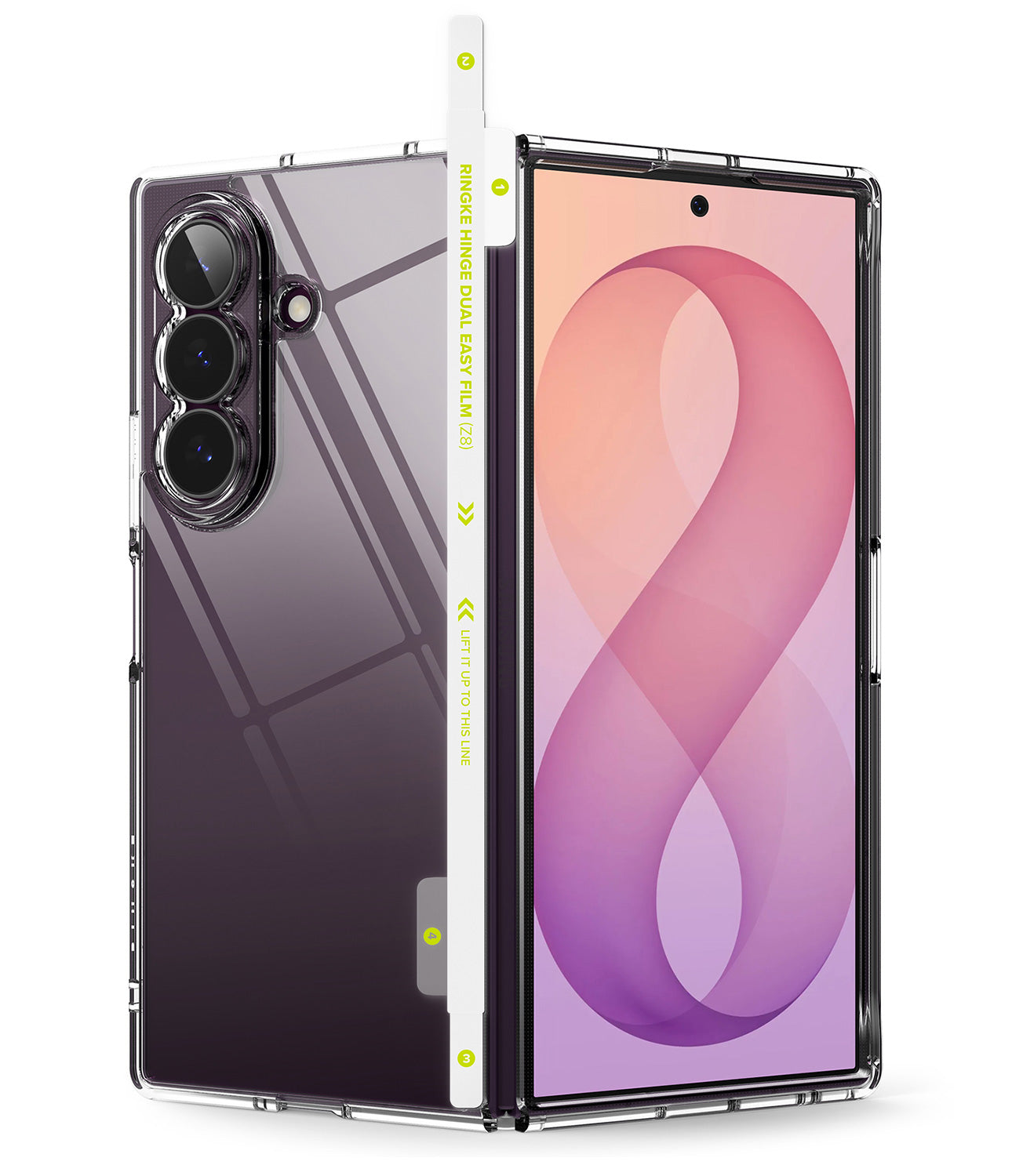[Bundle] Galaxy Z Fold 8 Ultra | Fusion + Hinge Protectors (2P) - A clear protective phone case shown on a smartphone, with the back and side of the case visible. The case has a white protective strip with yellow text reading 'MULTI-SHIELD PRO FAST FOLD' and small yellow arrows, shown against a plain white background.