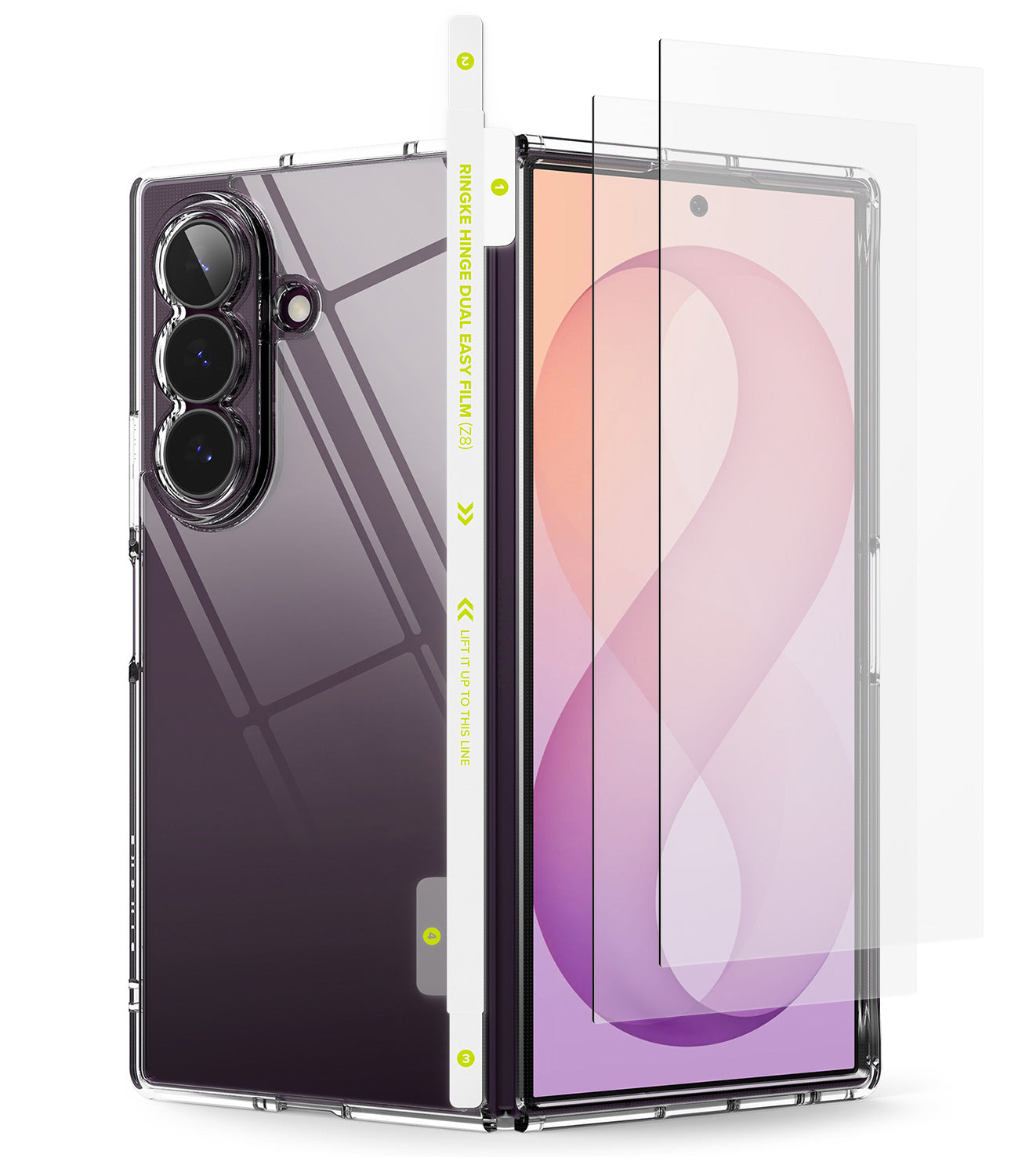 [Bundle] Galaxy Z Fold 8 Ultra | Fusion + Screen & Hinge Protectors - A clear protective phone case shown on a smartphone, alongside two transparent screen protectors with a white alignment strip in the center. The phone back is dark purple/gray with a triple-camera cutout, and the screen displays a pink and purple wallpaper.