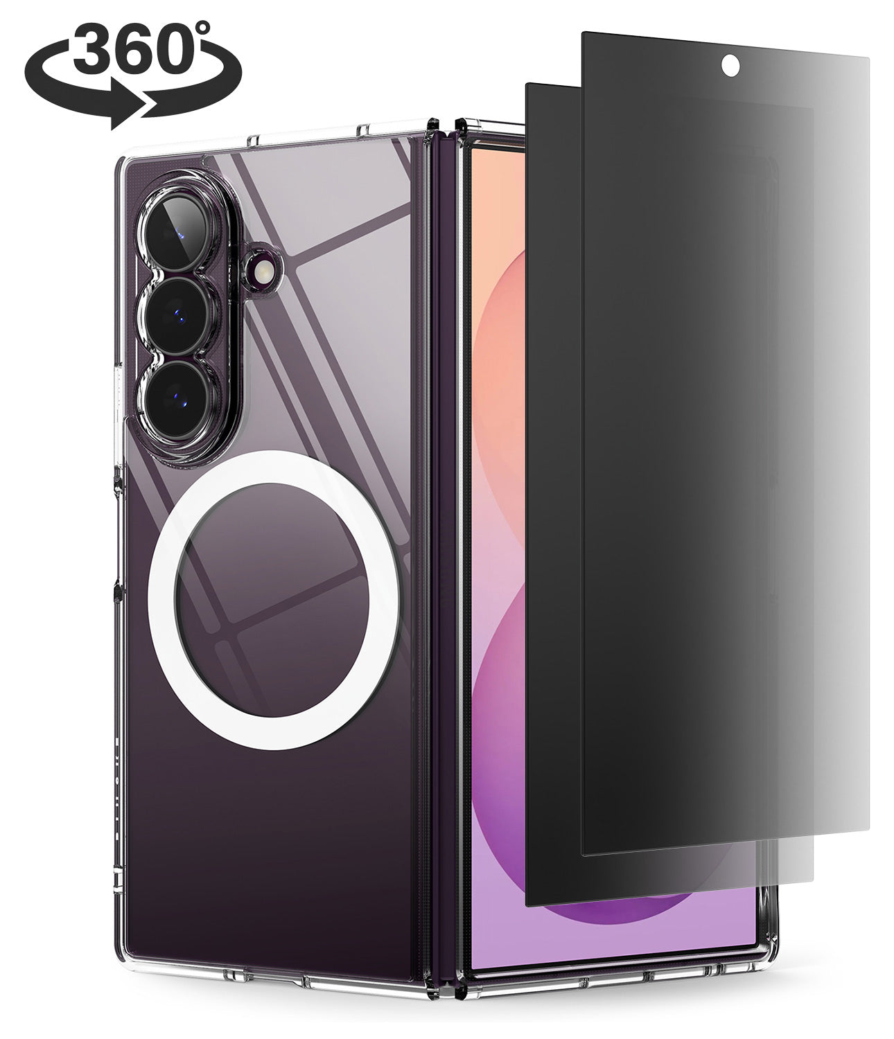 [Bundle] Galaxy Z Fold 8 Ultra | Fusion Magnetic + 360° Privacy - A foldable smartphone case shown from the back with a transparent circular MagSafe ring, alongside a black screen protector and a 360-degree rotation graphic on a white background.