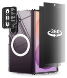 [Bundle] Galaxy Z Fold 8 Ultra | Fusion Magnetic + 360° Privacy & Camera Protectors - A clear protective case for a foldable smartphone with a white circular ring light cutout, shown alongside a black 360-degree screen protector and a black camera lens protector accessory.